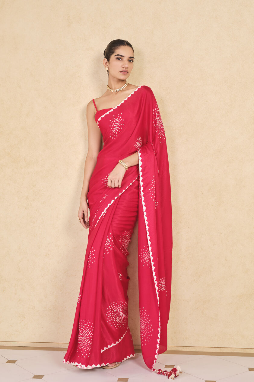 Maywa Handcrafted Bandhani Silk Saree - Red, Red, image 1